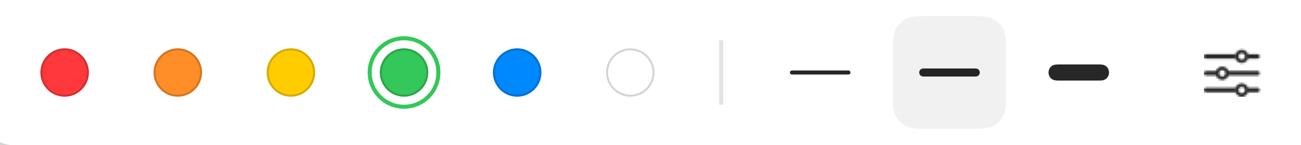 Six color swatches with green selected, three line widths and the custom style button.
