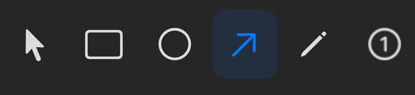 The marking tools in dark mode: pointer, rectangle, ellipse, the selected arrow, pen and a numbered note.